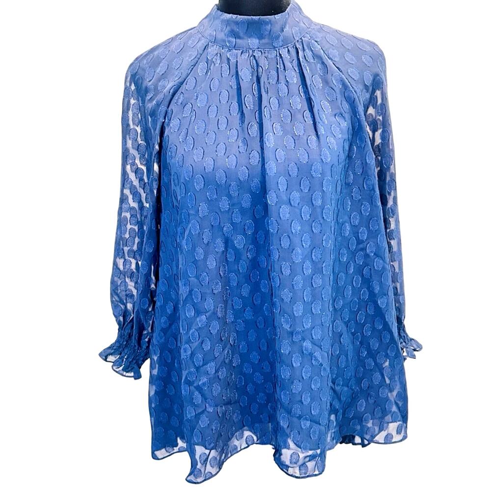 DR2 Mock Neck Blouse XS Blue Textured Swiss Dot High Low Tunic Long Sleeve